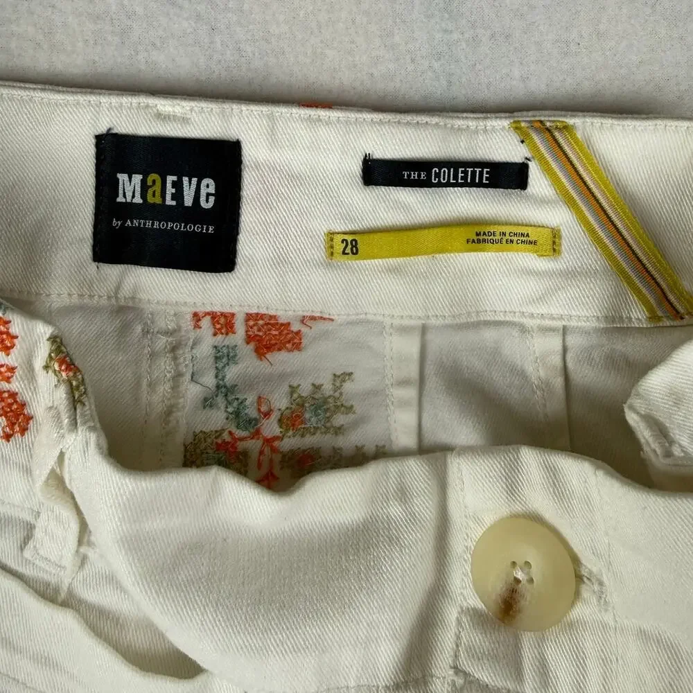 Maeve Anthropologie Colette Floral Embroidered White Jeans 28 - Picture 2 of 10